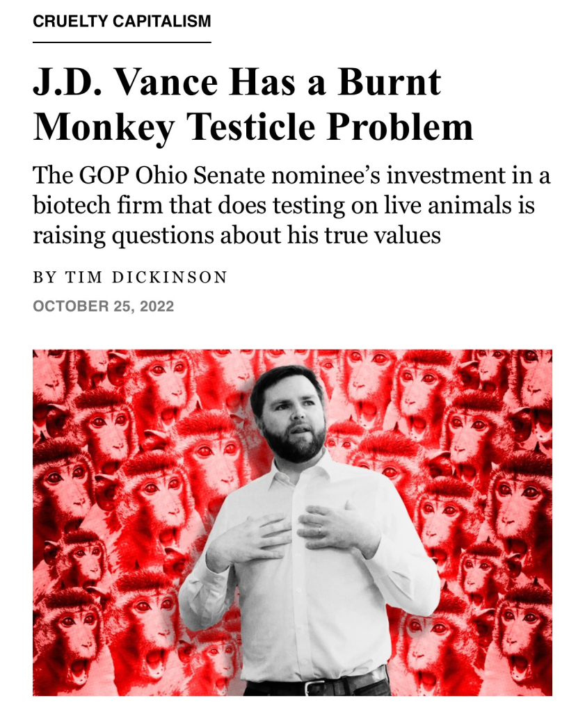 JD Vance has a burnt monkey testicle problem, reports Tim Dickinson