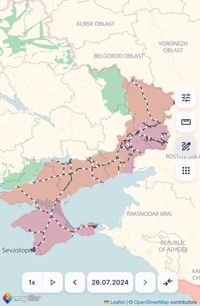 A map of occupied territories in Ukraine as per 26th July 2024. Eastern regions and Crimea are occupied.