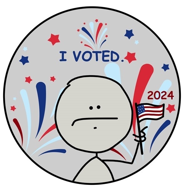 Cartoon, stick-figure drawing of a person with a neutral expression waving a small U.S. flag in front of red, white and blue stars and fireworks, below the text: “I voted. 2024.”