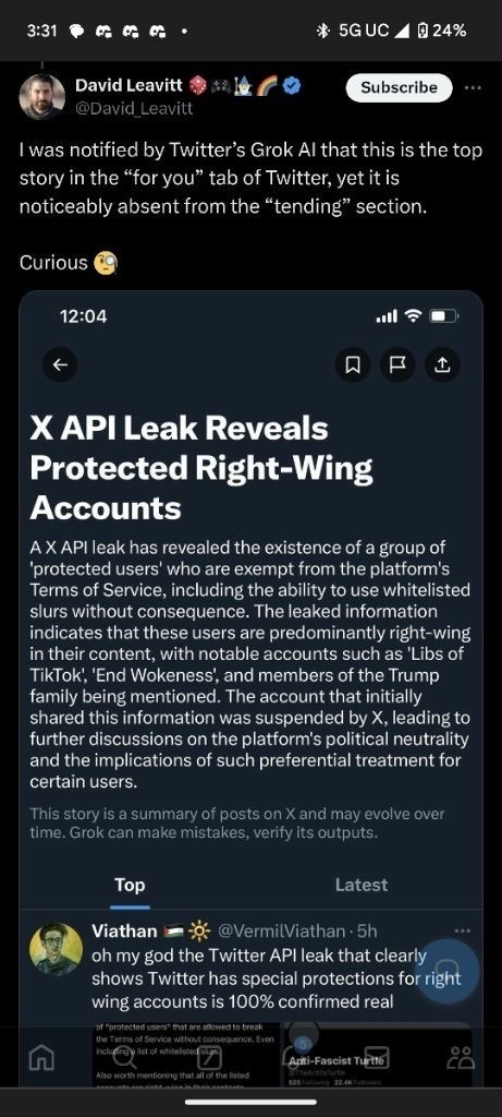 Tweet by David Leavitt, noting a top "for you" story about an

 "X API Leak Reveals Protected Right-Wing Accounts," 

which is missing from the "trending" section. 

Includes a screenshot of the news about the leak 