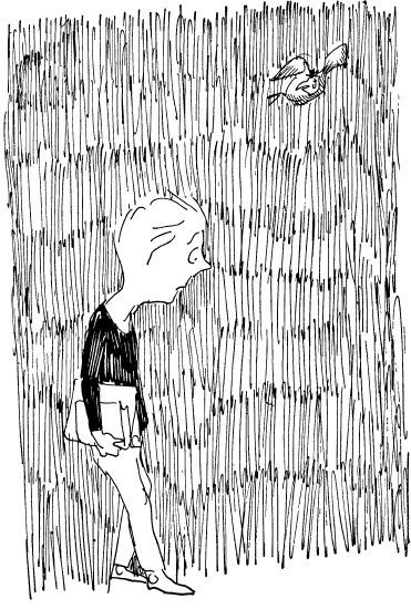 Jules Feiffer pen and ink illustration of a dejected, sighing Milo, a boy in a black shirt and white trousers, trudging home in the rain. A bird flying by looks at Milo in dismay. In Feiffer’s usual loose style.