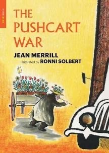 “the Pushcart War" by Jean Merrill. Illustrations by Ronni Solbert. 1964

Yellow cover with one of Solbert’s charming illustrations of the character “Frank the Flower”, a pushcart florist, using a homemade blow-gun to dart and deflate a truck tire.