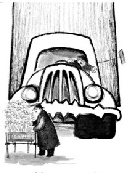 Ronni Solbert illustration from “the Pushcart War”; a huge, menacing truck, with the driver leaning out the window and gesticulating, bears down on a pushcart peddler selling flowers.