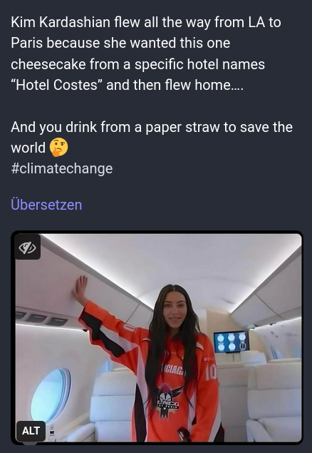 Kim Kardashian in einem Privatjet.
Text des Tweets: "Kim Kardashian flew all the way from LA to Paris because she wanted this one cheesecake from a specific hotel names (sic!) "Hotel Costes" and then flew home ... 

And you drink from a paper straw to save the world #climatechange"