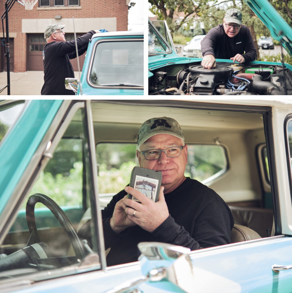 A collage of photos of vice presidential candidate Tim Walz in his turquoise 1979 International Harvester Scout.