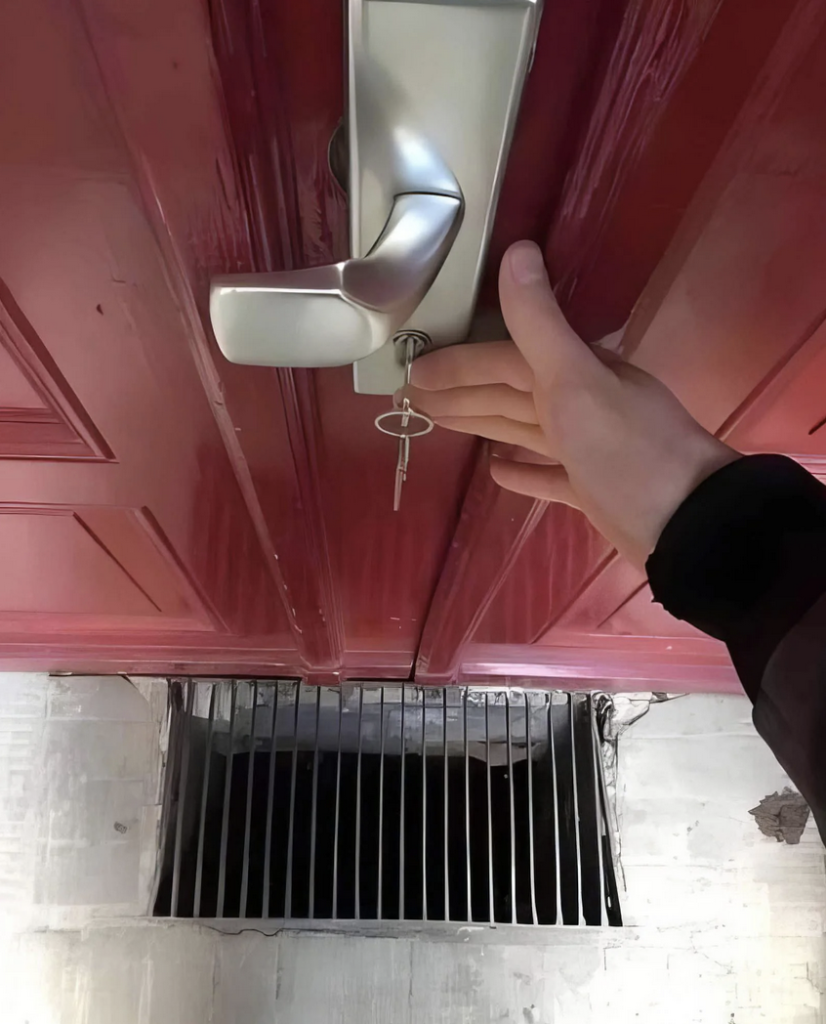 Person putting a key into a lock on a door outside but you see a grate in the floor (leading to an endless void) right below. The key could easily fall out of the lock or be dropped... through the grate.