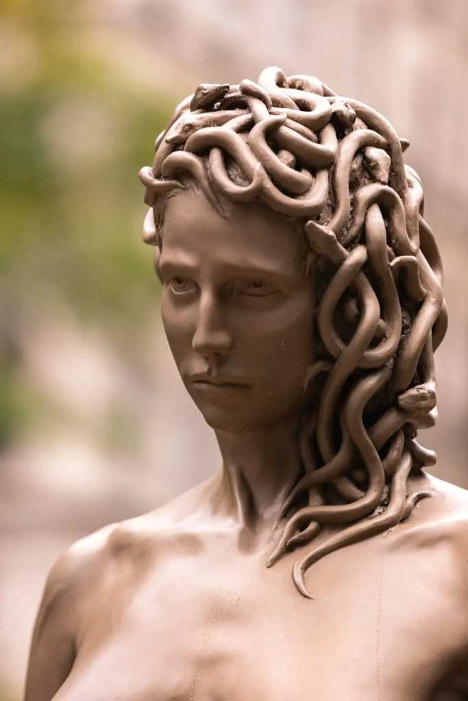 the head and shoulders of the bronze statue "Medusa with head of Perseus".  Her face has a solemn expression, somewhat despondent and her iconic hair of snakes is clearly visible.