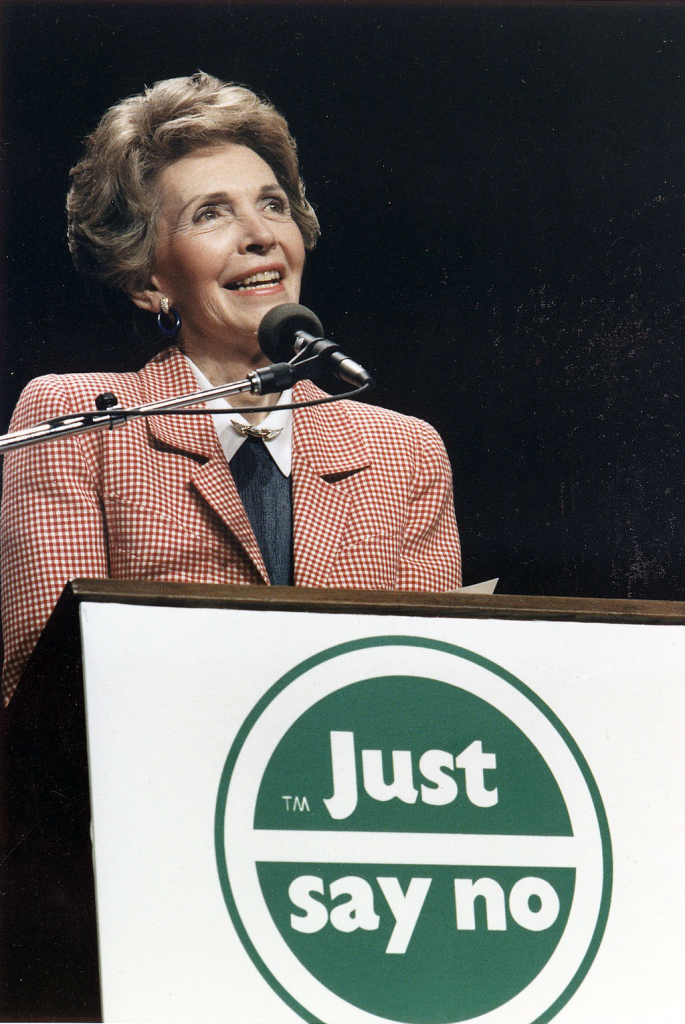 Nancy Reagan speaking at a "Just Say No" rally.