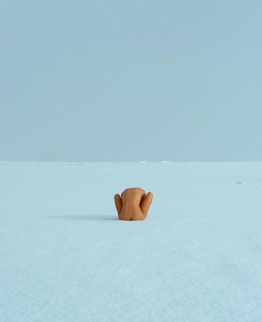 Photography. A minimalist color photo of a young woman on a snow-covered surface. The woman has been photographed from behind and is sitting naked and huddled together on a wide expanse of snow. The background is also a cool gray-blue. The photo is an unusual self-portrait. 