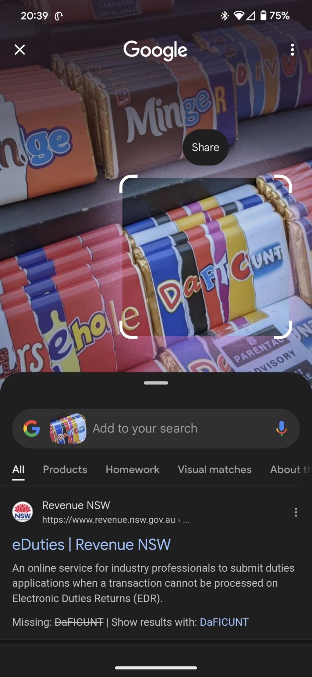 An amusing google lens result. I searched for one of many comedy chocolates with offensive names. The result for daft cunt came up with one result. Revenue NSW, a government department collecting state taxes, duties, fines, etc