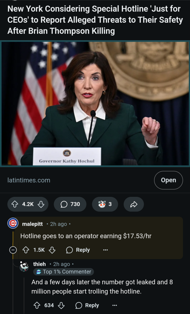 Alt text

Reddit screenshot

New York Considering Special Hotline 'Just for CEOs' to Report Alleged Threats to Their Safety After Brian Thompson Killing

Picture of corporatist Dem NY Gov Hochul
She's looking mighty dry at that microphone.

Commemts below

Redditor1: Hotline goes to an operator earning $17.53/hr

Redditor2: And a few days later the number got leaked and 8 million people start trolling the hotline.