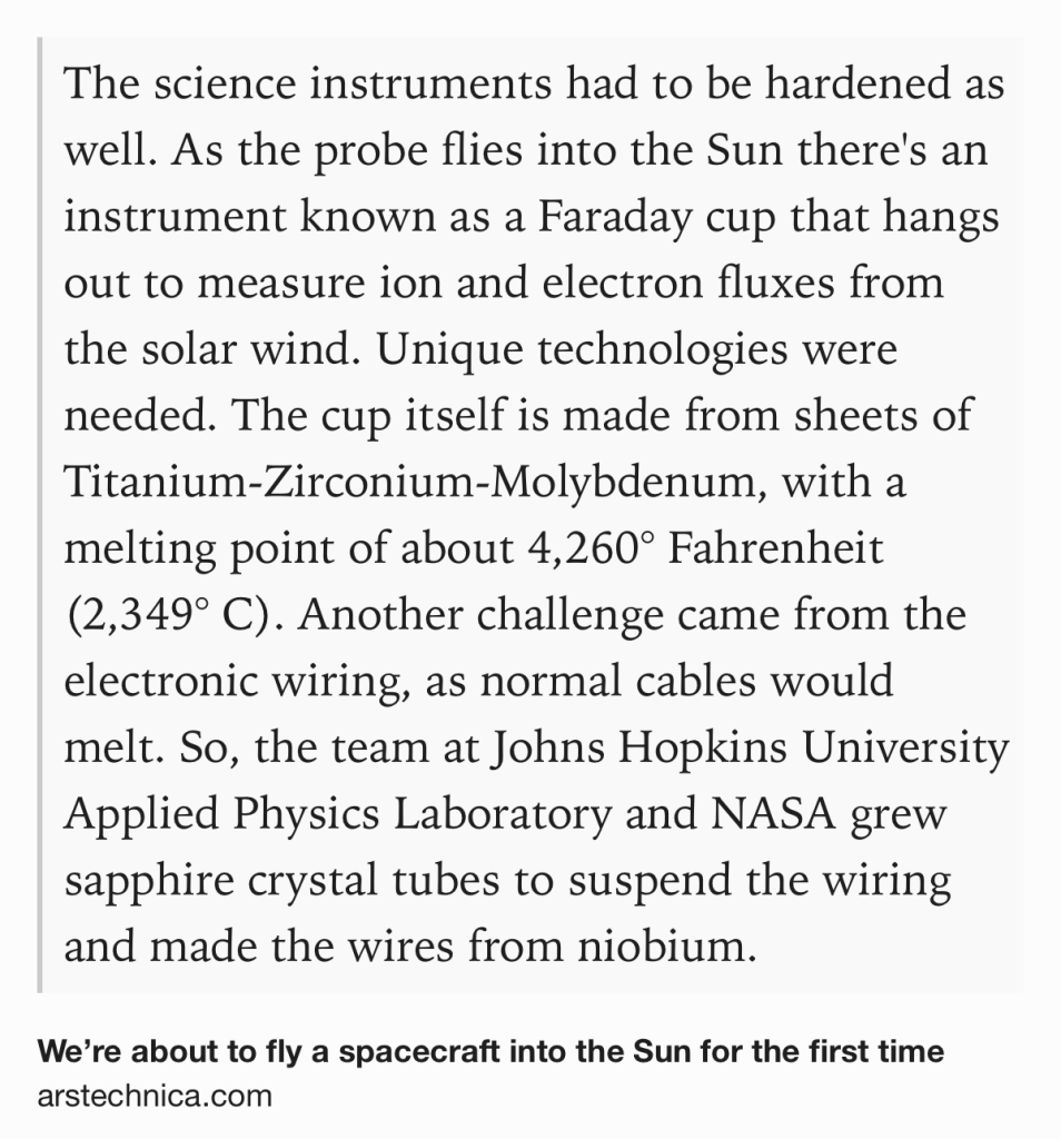 Text Shot: The science instruments had to be hardened as well. As the probe flies into the Sun there's an instrument known as a Faraday cup that hangs out to measure ion and electron fluxes from the solar wind. Unique technologies were needed. The cup itself is made from sheets of Titanium-Zirconium-Molybdenum, with a melting point of about 4,260° Fahrenheit (2,349° C). Another challenge came from the electronic wiring, as normal cables would melt. So, the team at Johns Hopkins University Applied Physics Laboratory and NASA grew sapphire crystal tubes to suspend the wiring and made the wires from niobium.