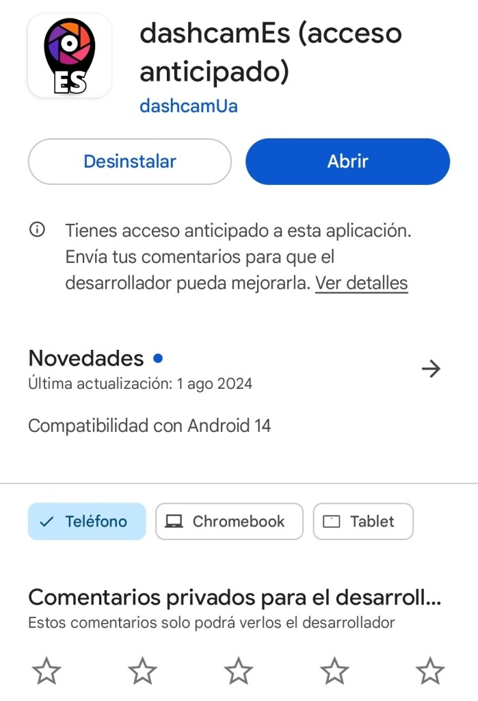 Pantallazo de la app en Google Play Store