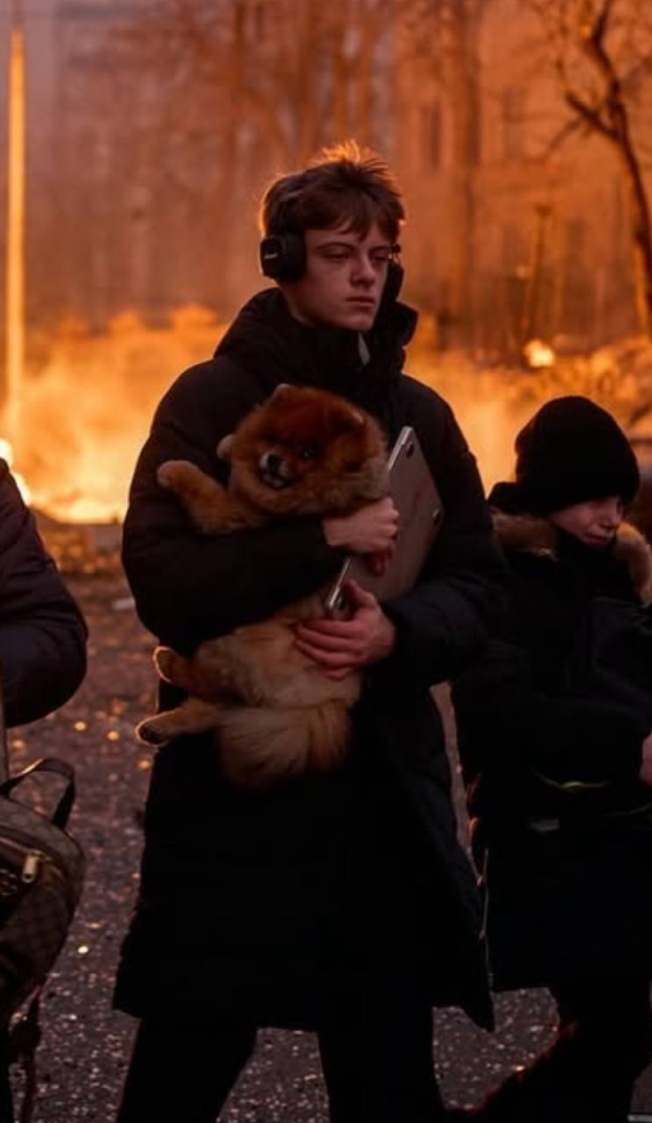 a young man with a somber expression wearing headphones and holding his dog and his laptop while a fire burns behind him