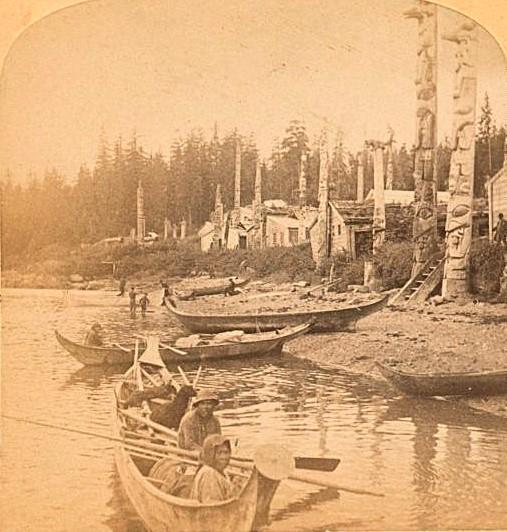 Brown historical image of canoes along the waterfront in Kasaan, Alaska. Some of these canoes may have been carved at the site where the abandoned canoe described in this story was found. Photo courtesy of the New York Public Library.