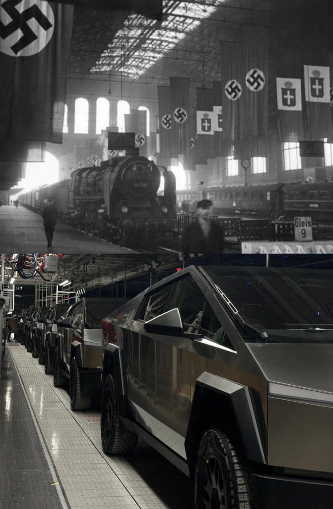 Top:  B&W Nazi train in factory
Bottom:  B&W train of Cybertrucks in factory