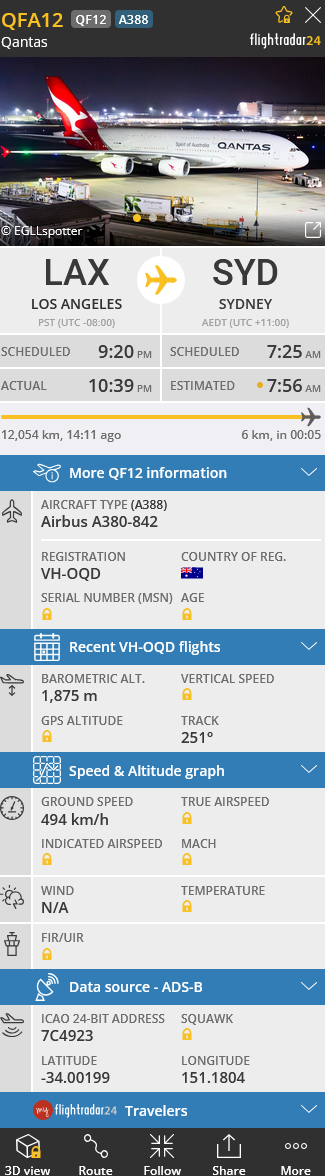 A flight radar telemetry screen for QFA12 LAX to SYD