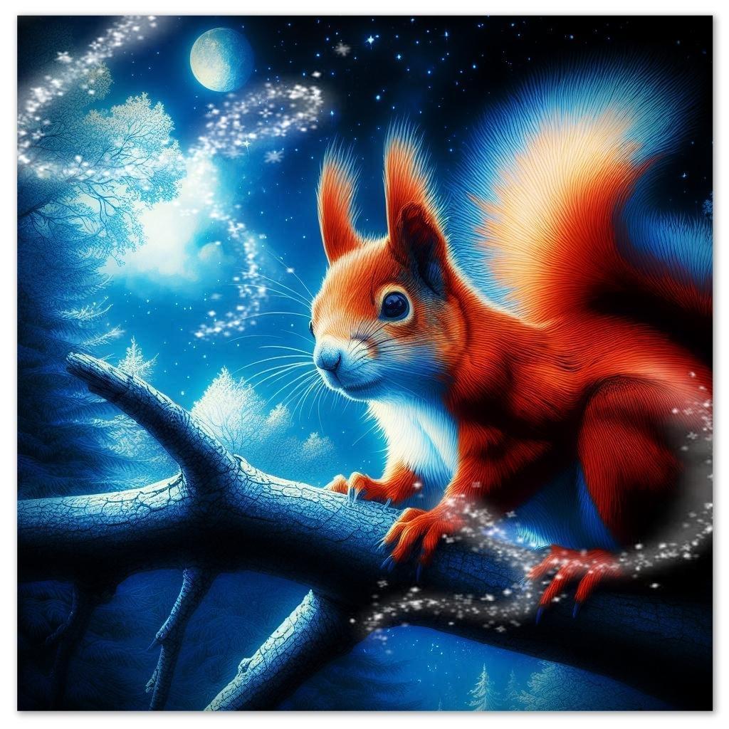 Picture a red squirrel standing on a branch in a nighttime wintery scene. Ice crystals blown in the wind glitter in the moon light! 
Credit: AI created with help from  @PixysJourney@beige.party