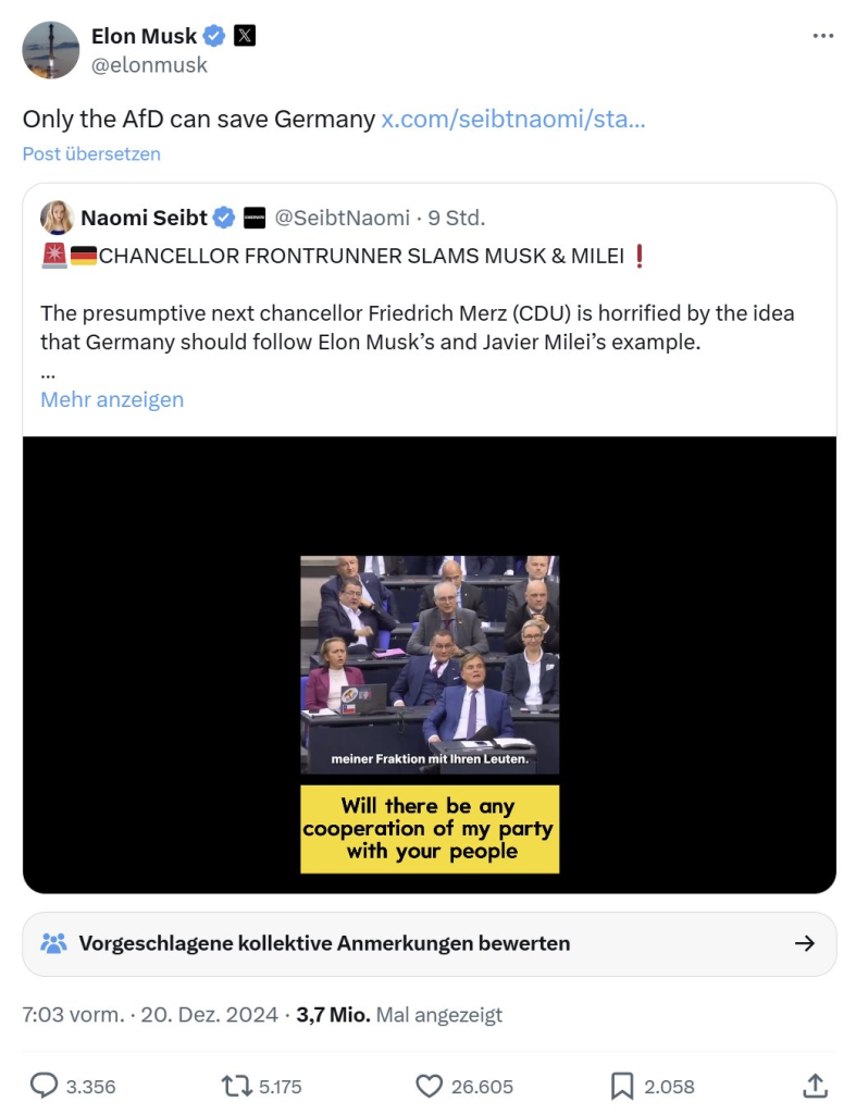 Screenshot of Elon Musk quote tweet: "Only the AfD can save Germany"

...quoting a tweet by Climate Denier and Fossil Fuel Industry shill Naomi Seibt, who marched with Neo-Nazis and promotes White Nationalism.