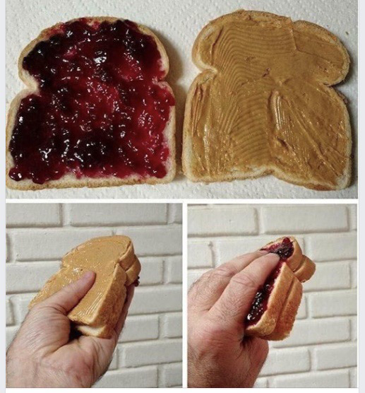 Top: Bread covered in jam and bread covered in peanut butter. Left: Thumb in peanut butter. Right: Fingers in jam. 