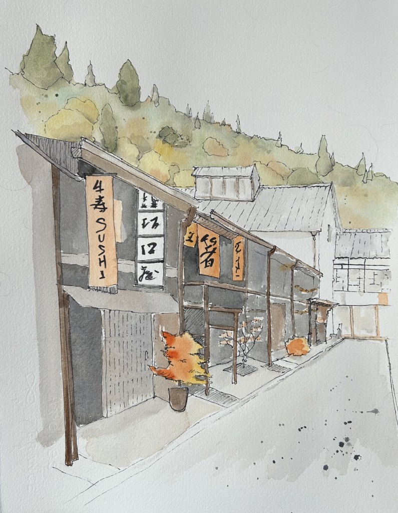 Sketch of a street of shops in Japan