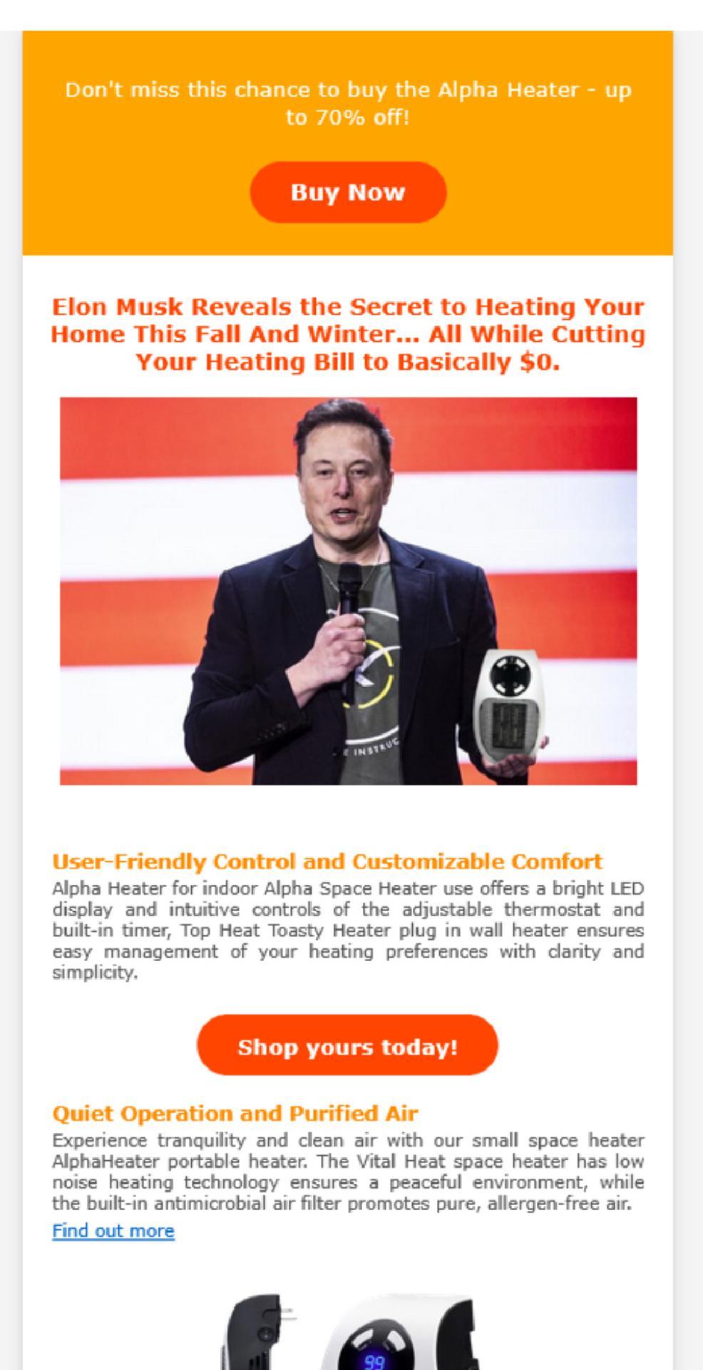 Spam ad for space heater featuring Elon Musk