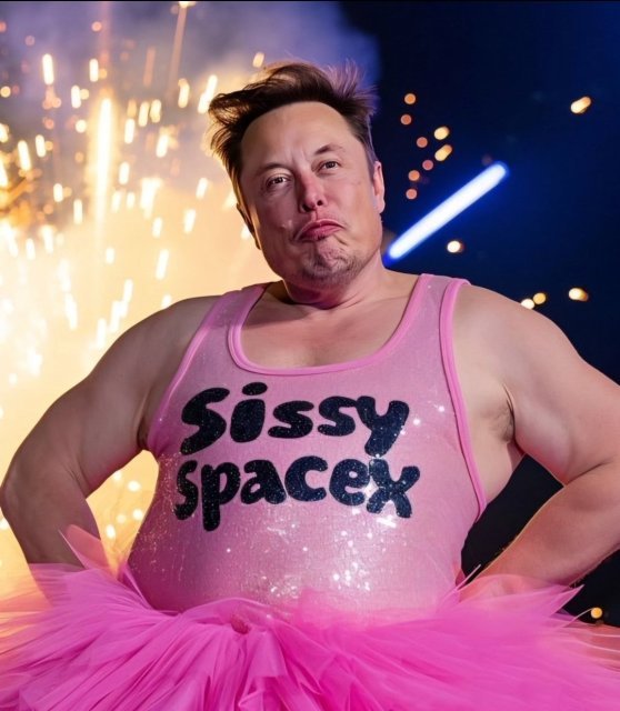 Generative AI image of musk in a pink tutu and pink tank top that reads "Sissy SpaceX"