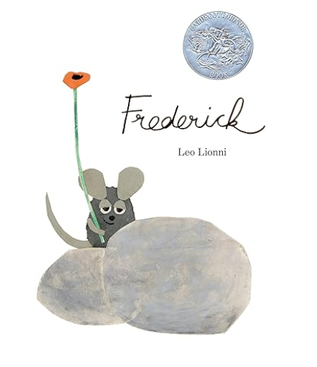 cover for Frederick by Leo Lionni 

Image of mouse with flower behind two rocks