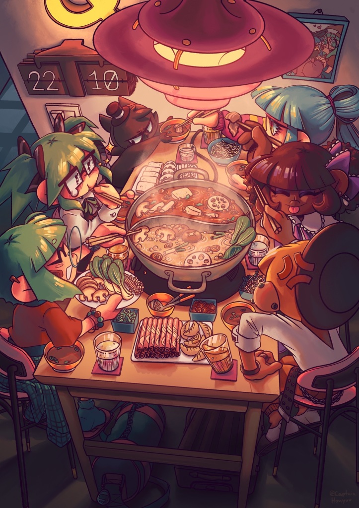 Birds eye view on a table with a large hotpot in the middle and lots of dishes surrounding it. The atmosphere is warm and cozy. RGB-chan is adding veggies for everyone, while RAL-chan is discovering the tasty magic of hotpot. CMYK-chan is handing some freshly cooked beef to Grayscale whose limbs are just a bit too short. Pantone-san and HKS-san are picking a fight over whose beef just got stolen from who.