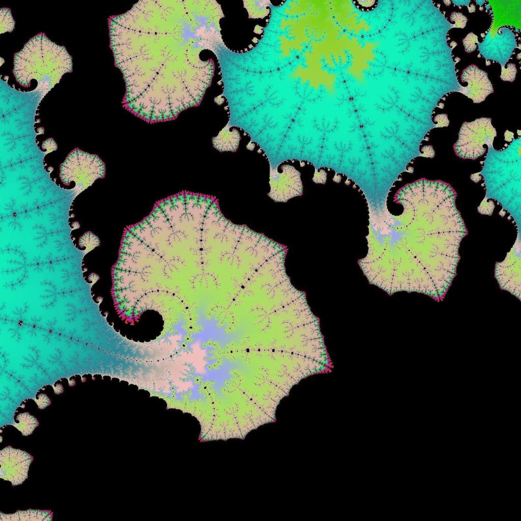 A render of the mandelbrot set using randomised colours. The centre point is -0.5503276203522338 + 0.6259563776060655i and we are zoomed to 1.3661188504e+10 magnitude.