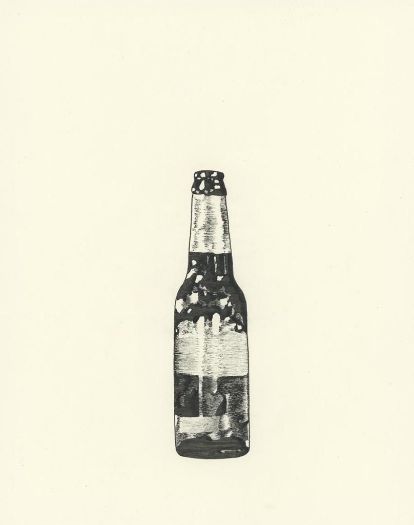 Black ink drawing of a beer bottle, partially full with a thick head of foam inside the bottle and an shiny silver neck