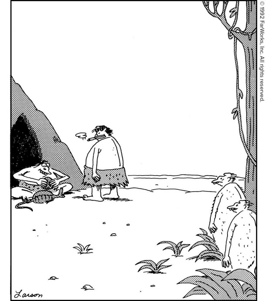 A cartoon neanderthal sitss banging rocks outside a cave while his agent, with sunglasses and a cigar, watches. Drawn by the music and also by the cartoonist, two australopithecines edge cautiously out of the jungle.