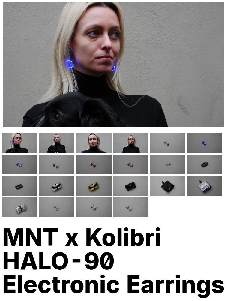 a partial screenshot of the MNT shop page for the halo-90 earrings with many pictures of many options, and greta wearing the earrings which are circular PCBs with a ring of 90 blue or red LEDs