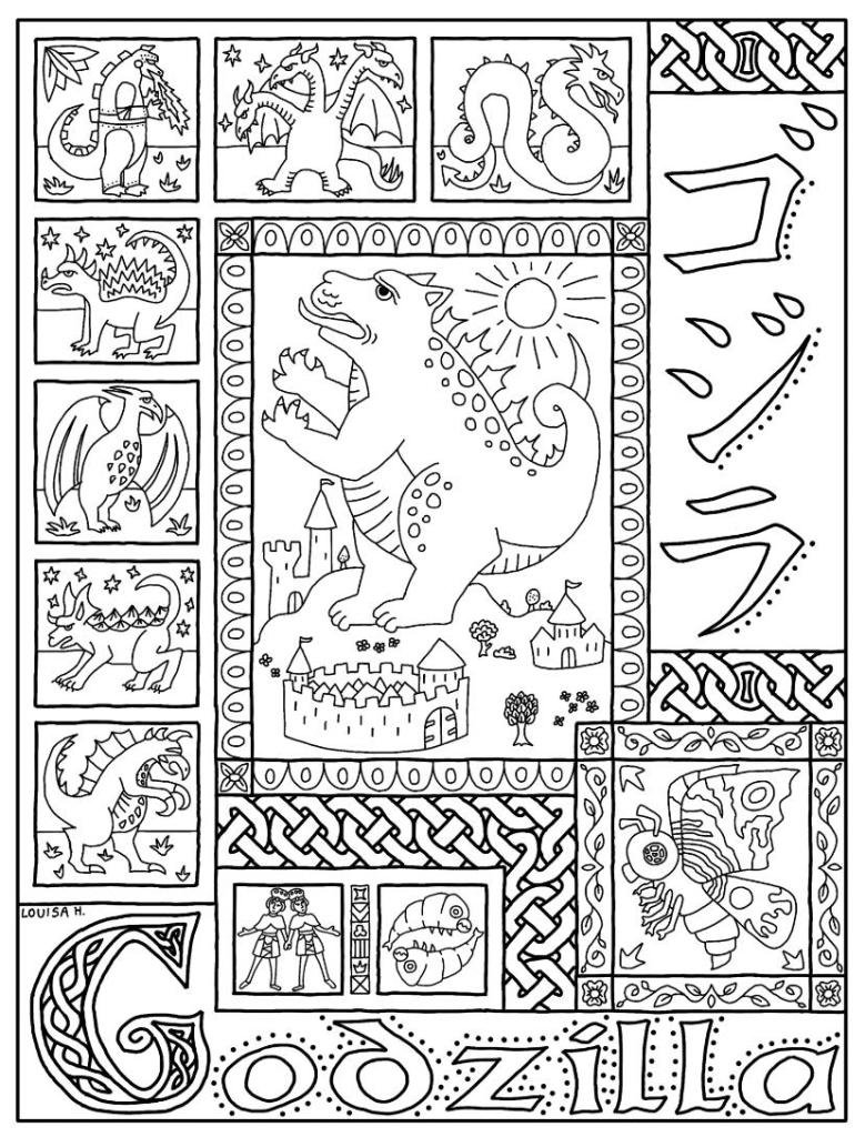 Godzilla stands among castles on a hill on this black outline coloring page, surrounded by borders and portraits of enemies and friends, and the name Godzilla in both English and katakana