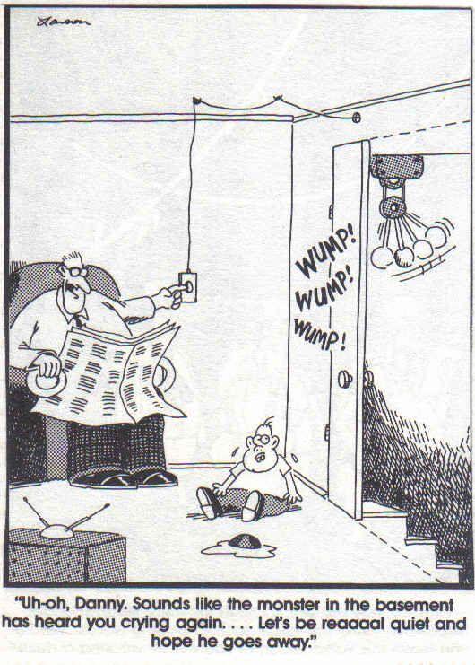 Here's a man flipping a switch and it has set off a thumping sound coming from the basement downstairs no text says uh oh Danny sounds like the monster in the basement has heard you crying again let's be real quiet and hope he goes away.