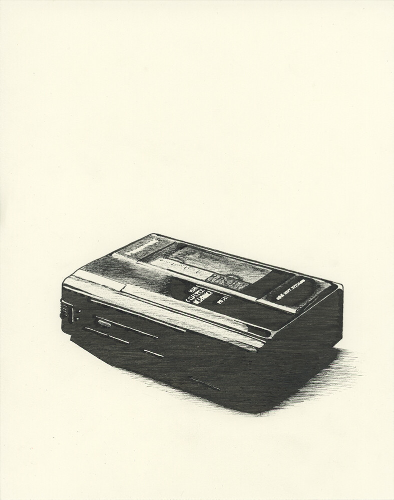 Black ink drawing of a handheld cassette tape recorder