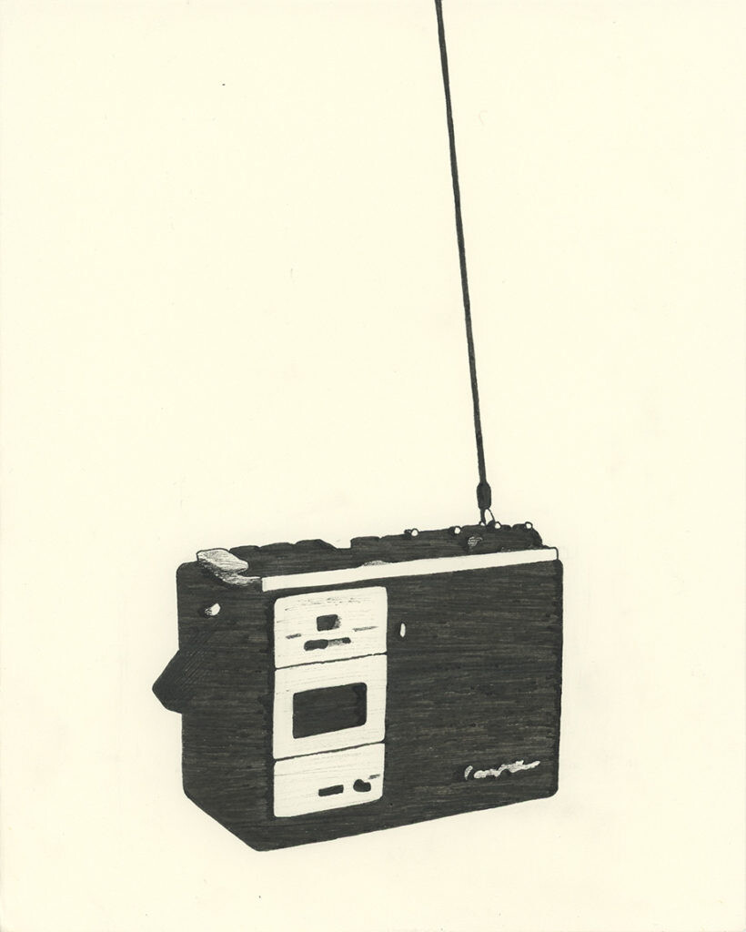 Black ink drawing of a tape player & radio with a thick black antenna sticking up out the back 