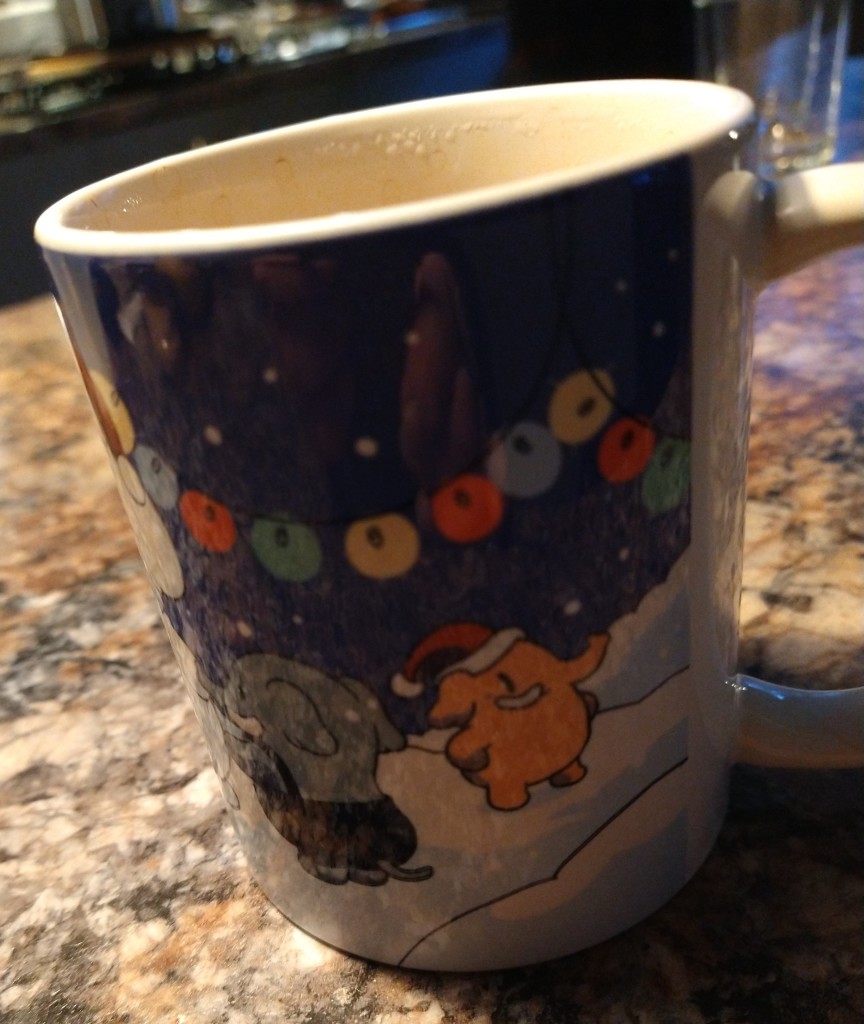 Mastodon Christmas mug on a kitchen countertop 