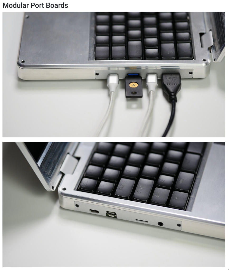 a screenshot of the MNT Reform Next prelaunch page that shows two details of the raw aluminum model of the laptop, specifically the two modular port boards on the left and right sides.