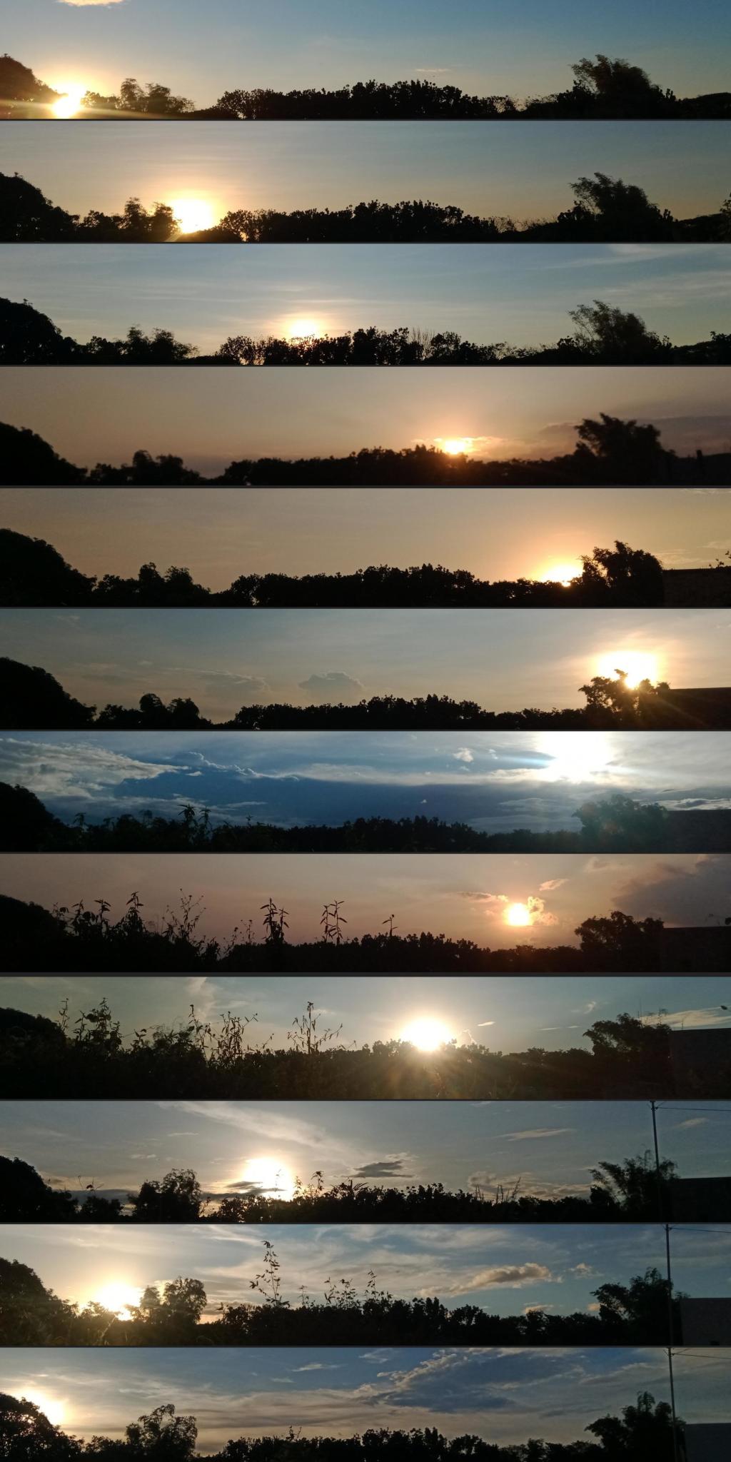 12 Bilder vom Sonnenuntergang untereinander. Der Sonnenuntergang bewegt sich von links nach rechts und wieder nach links 