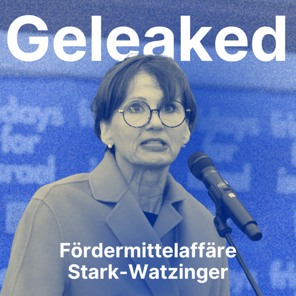 Bild von Bettina Stark-Watzinger an einem Mikrofon. Text: Geleaked. Fördermittelaffäre Stark-Watzinger.
