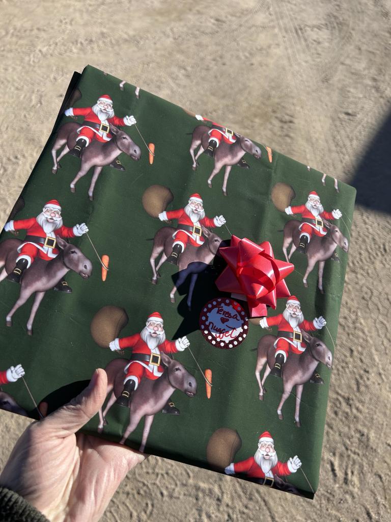 A gift wrapped in dark green paper with a design of Santa riding a donkey. Santa is dangling a carrot on the end of a stick in front of the donkey’s face to try to make him go. The donkey looks like he’s seriously jonesing for the carrot but is not going anywhere. 