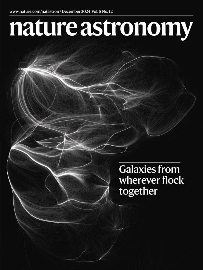 A cover of the Nature Astronomy journal, dated December 2024, Volume 8, issue number 12, featuring a three-dimensional visualization of the cosmic velocity field inferred from the Cosmicflows-4 catalog of galaxies' distances and velocities. This map spans two billion lightyears from top to bottom. The velocity field is mapped by means of tens of thousands of very thin streamlines, seeded at the positions of the catalog's galaxies. Streamlines are shown white and semi-transparent, against a black background. They exhibit a very complex pattern with multiple attractors, seen as points of convergence of the lines. A text reads Galaxies from wherever flock together.
