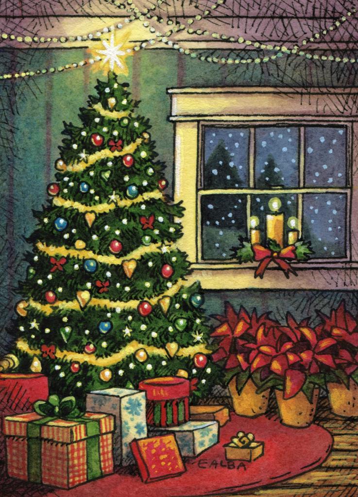 Ink and watercolor illustration of a very Christmas interior - a tree covered in ornaments and garland and lights, star on top. A window with candles on the sill, snow visible outside. Wrapped presents under the tree, and some poinsettia flowers in pots.