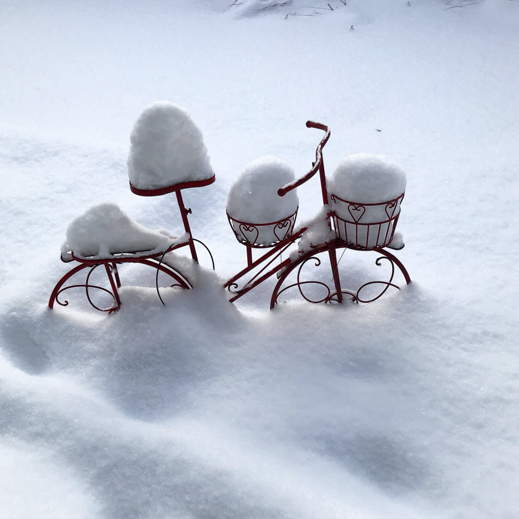 Cottony soft snow is piled high in a red, bicycle shaped garden planter. The snow looks like a white hat on the seat. And, two snow filled baskets have red hearts ringing them. 