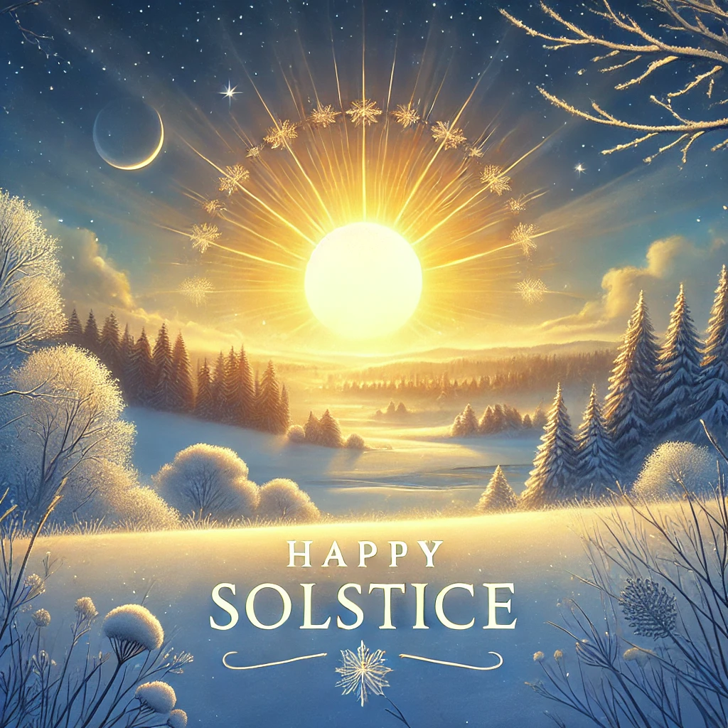 An illustration celebrating the solstice. The scene depicts a radiant sun setting over a peaceful winter landscape with snow-covered trees and a tranquil sky transitioning from warm golden tones to twilight blues. A crescent moon is visible above, adding to the serene atmosphere. The words 'Happy Solstice' are elegantly displayed at the bottom in a minimalistic font. The overall design evokes a sense of natural beauty and seasonal renewal.