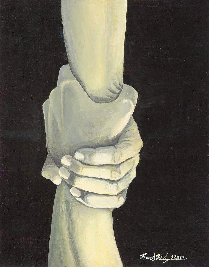 A painting depicting one holding onto another in support and not letting go. 

Giving a Helping Hand Painting by Jack Stewart - Fine Art America

fineartamerica.com