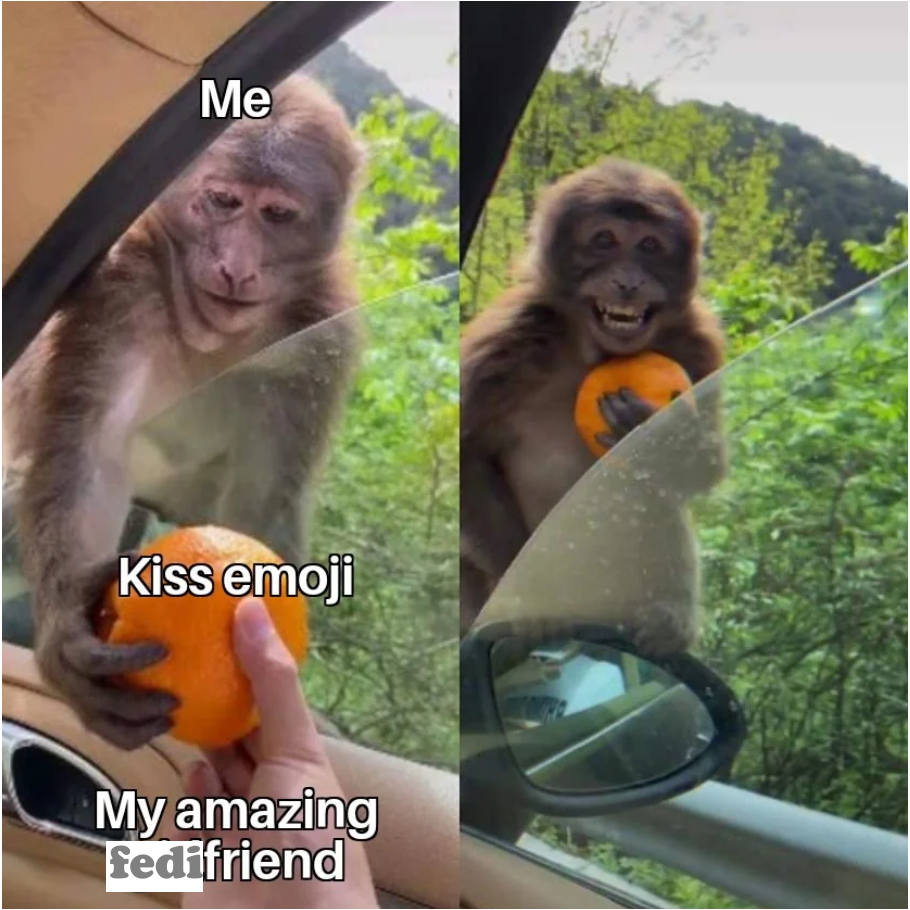 two panel photo meme of a monkey smiling happily after being handed an orange, and the words "Me - (handed) Kiss emoji - (by) My amazing fedi friend"