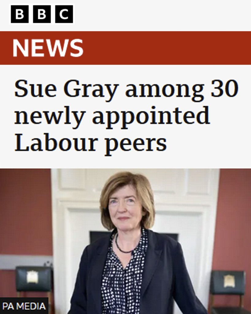 BBC News. Sue Gray among 30 newly appointed Labour peers.