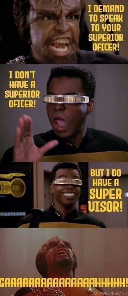 Worf: I demand to speak to your superior officer!
Geordi: I don't habe a superior officer! (Grinning) But i do have a super visor!
Worf: GAAAAAAHH